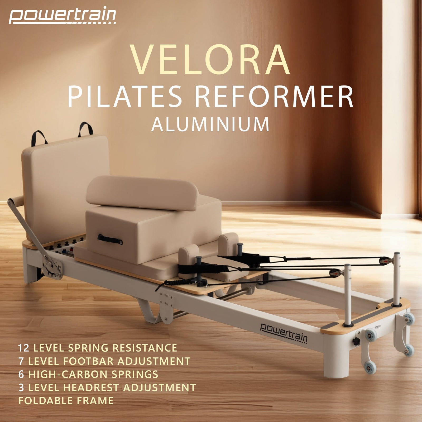 Powertrain Velora Beige Aluminium Foldable Pilates Board Reformer Multifunctional Core Exercise Set Ab Trainer Platform Extender Sitting Box Jumpboard And Footbar Full Body Home
