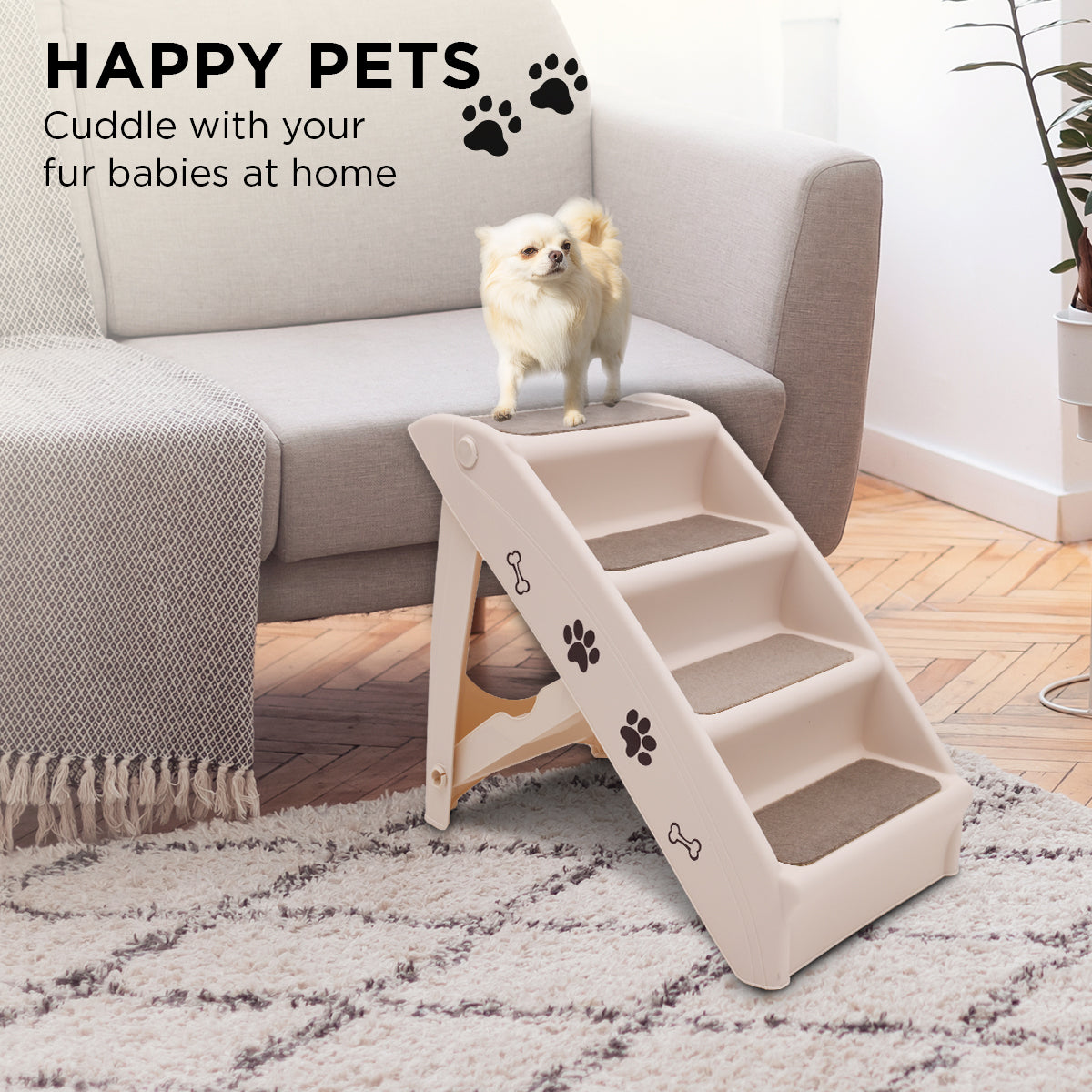 Furtastic Foldable Pet Stairs In White - 50cm Dog Ladder Cat Ramp