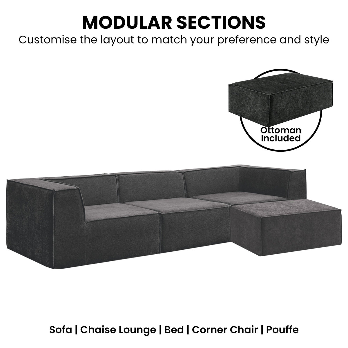 Sarantino Novi 3-Seater Modular Sofa with Ottoman in Black Non-Slip Bottom Lounge