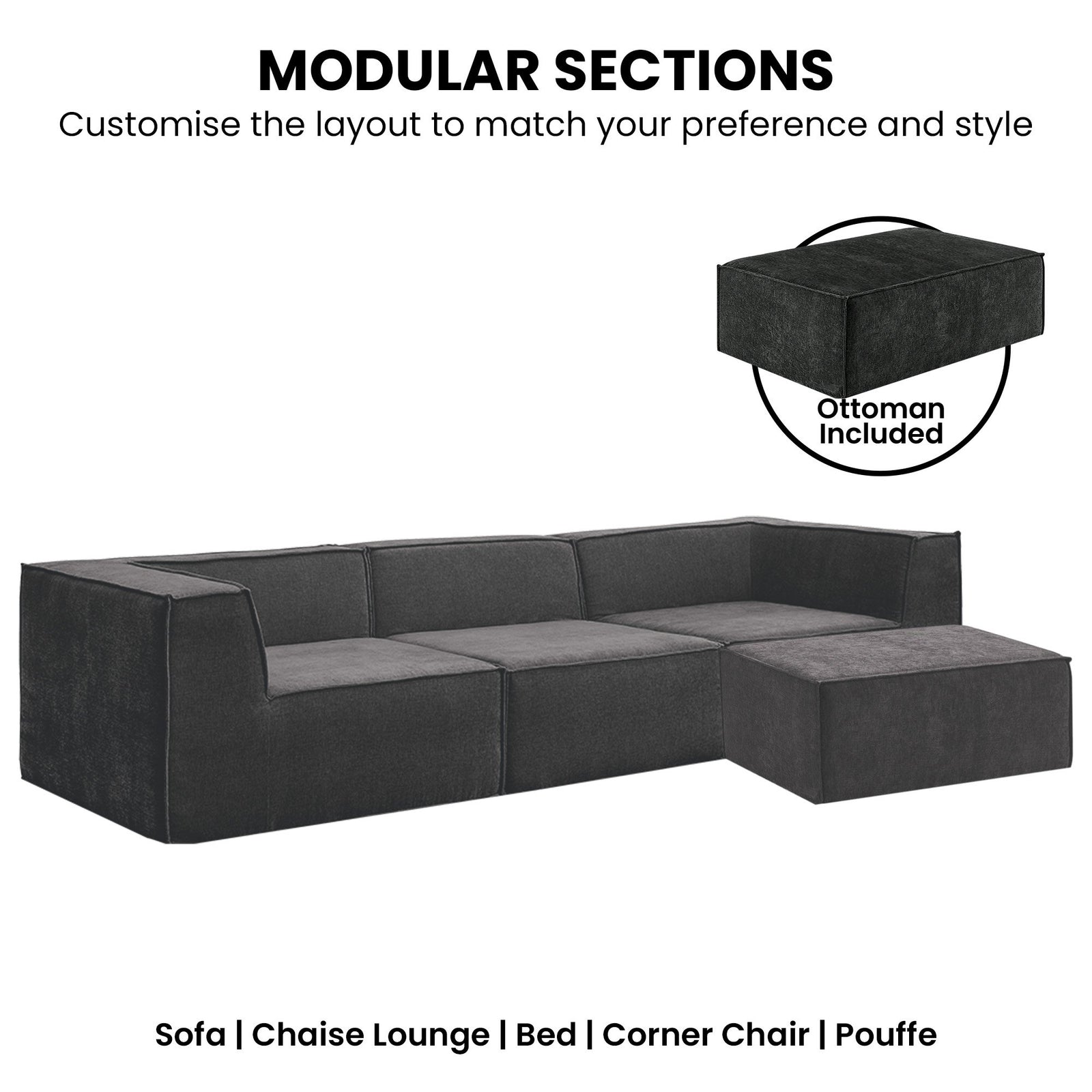 Sarantino Novi 3-Seater Modular Sofa with Ottoman in Black Non-Slip Bottom Lounge
