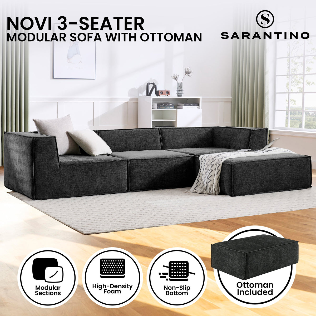 Sarantino Novi 3-Seater Modular Sofa with Ottoman in Black Non-Slip Bottom Lounge