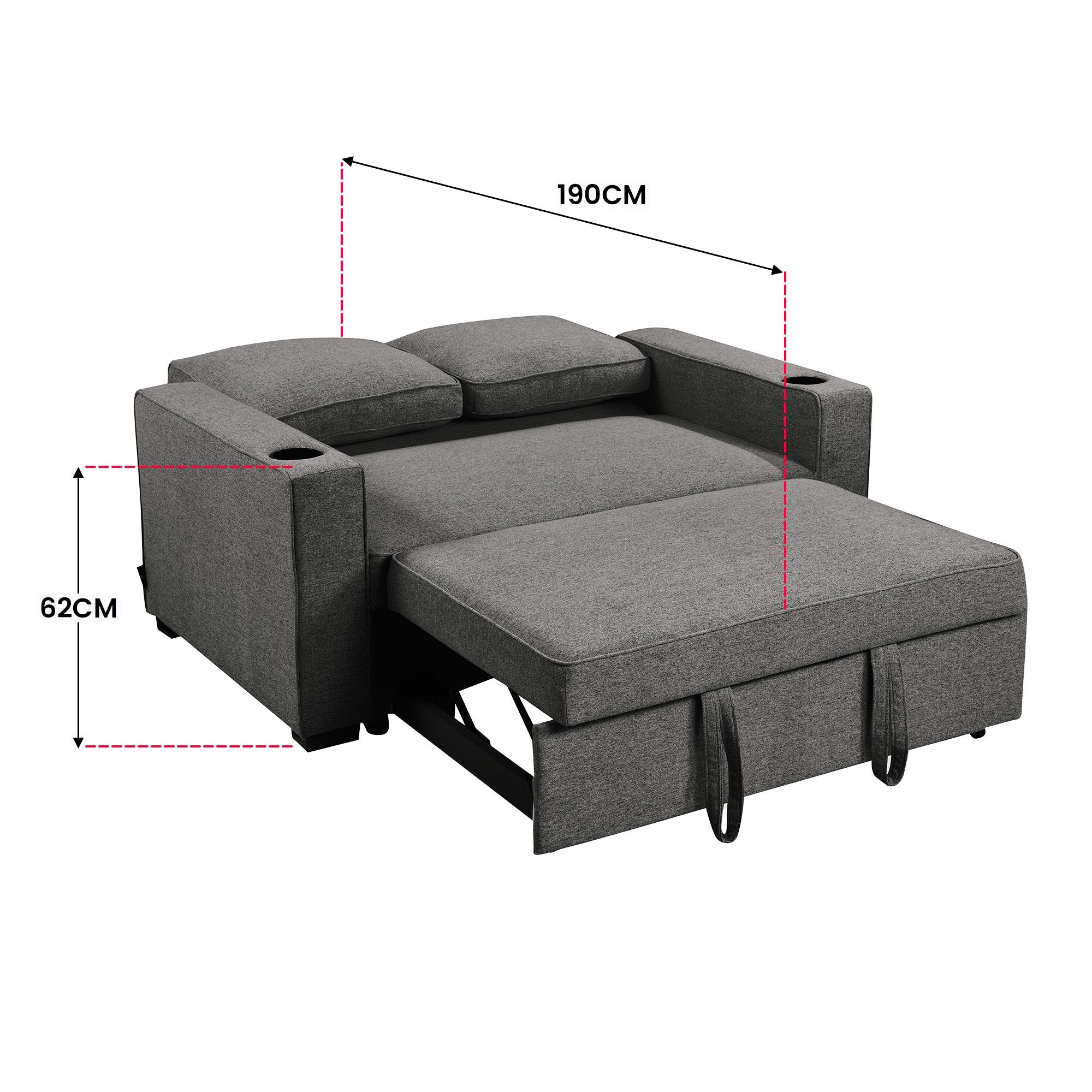 Sarantino Hoffman Linen Dark Grey Convertible Sofa Bed Couch Lounge With Cushions Cupholders Scandinavian-style Wooden Frame And Legs