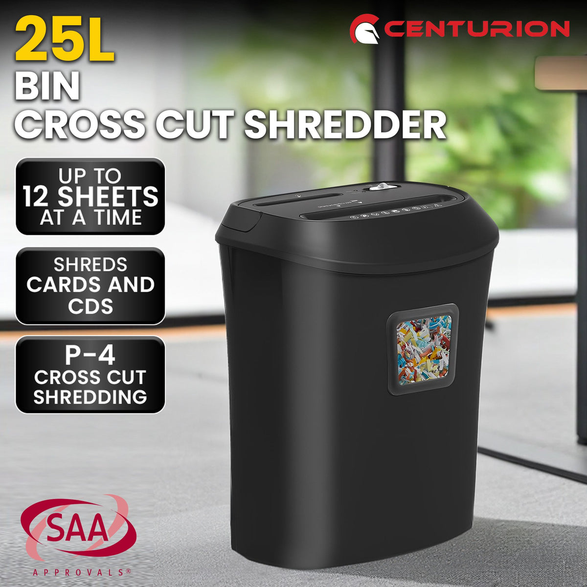 Centurion 25L 12-Sheet Paper Shredder Electric Cross-Cut Home & Office Cutter