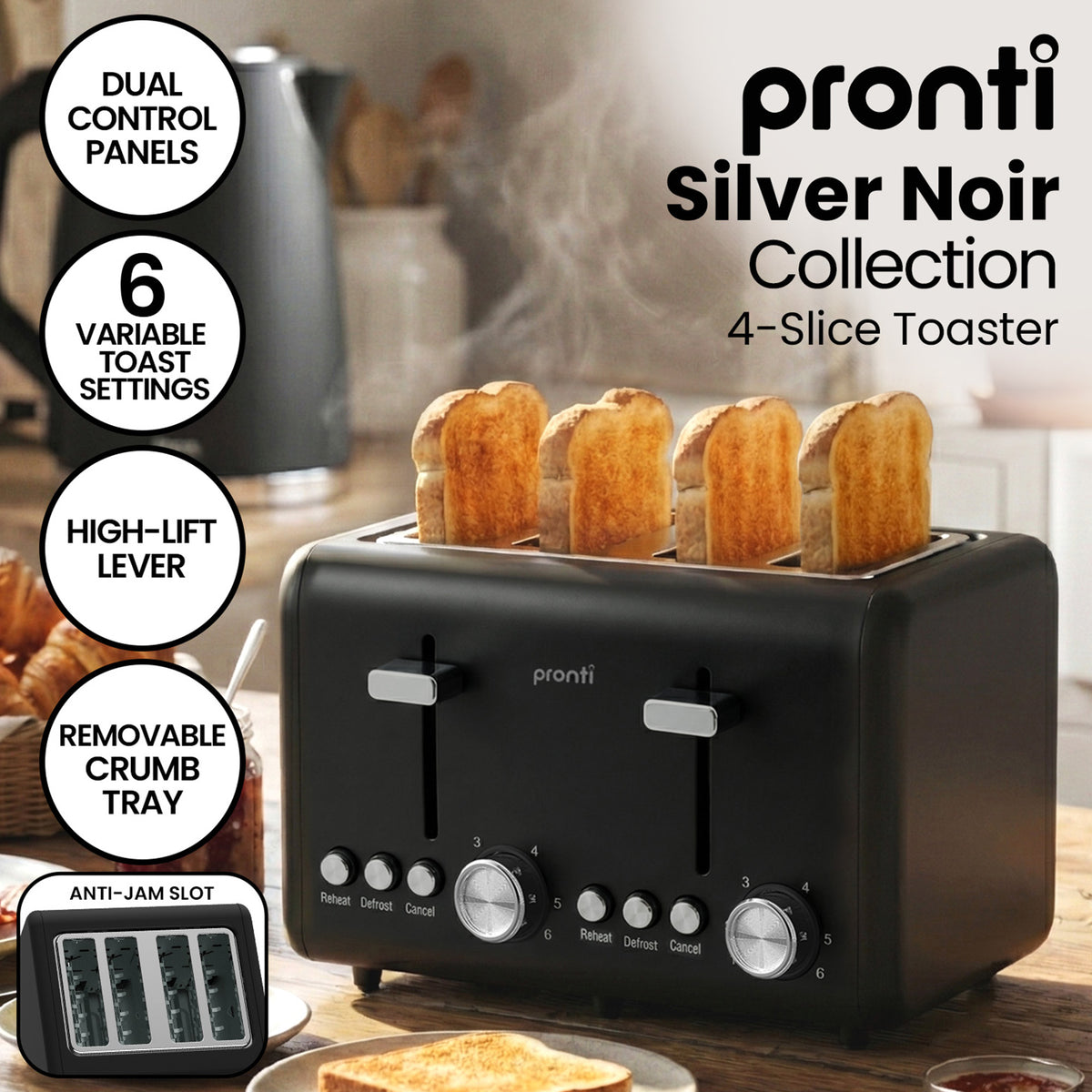 Pronti Breakfast Set with HomeMaid Coffee Machine, Silver Noir Toaster & Kettle
