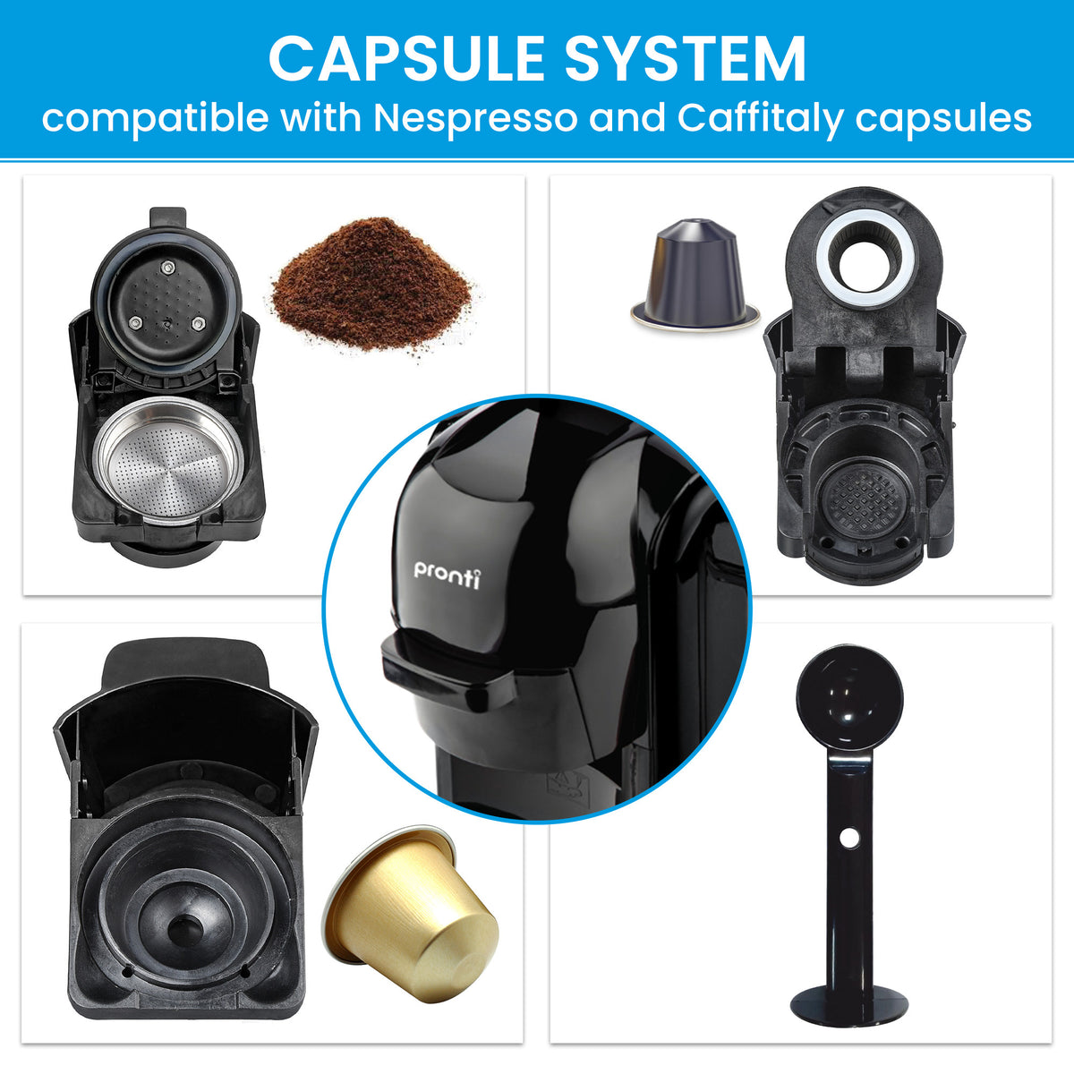 Pronti Breakfast Set with HomeMaid Coffee Machine, Silver Noir Toaster & Kettle