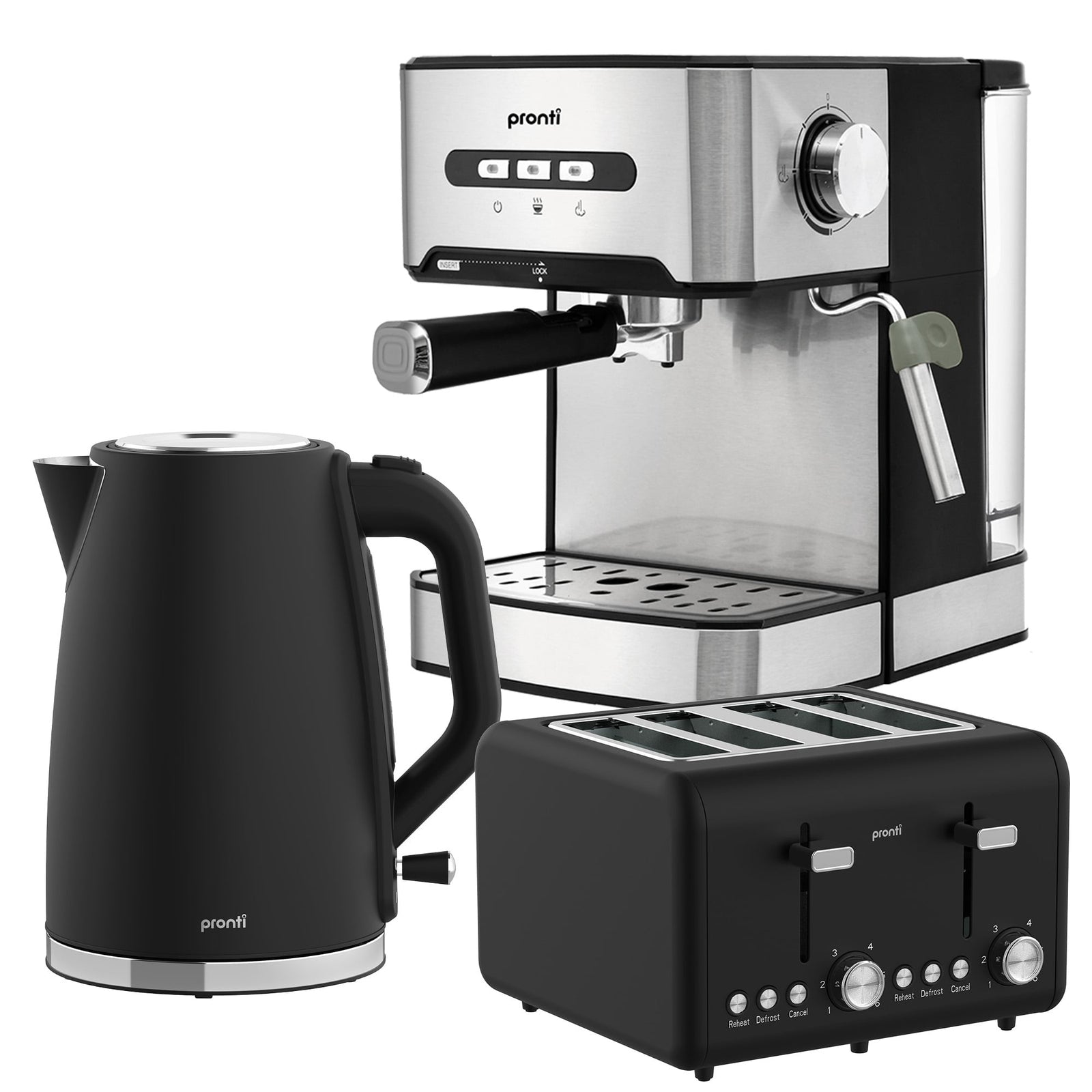Pronti Breakfast Set with 1.6L Coffee Machine, Silver Noir Toaster & Kettle