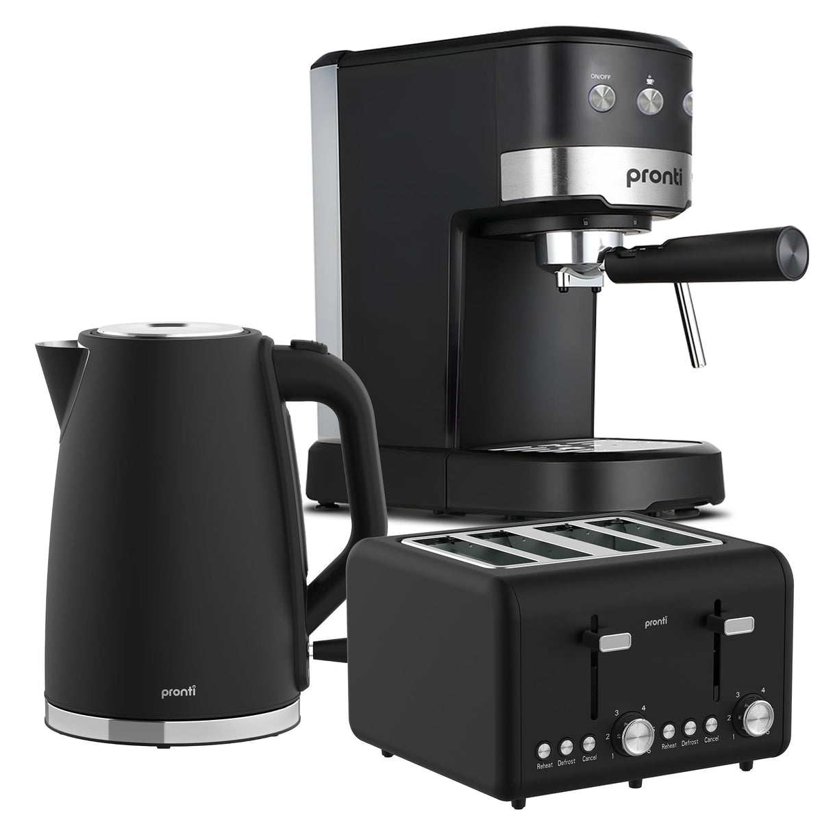 Pronti Breakfast Set with 1.25L Coffee Machine, Silver Noir Toaster &amp; Kettle