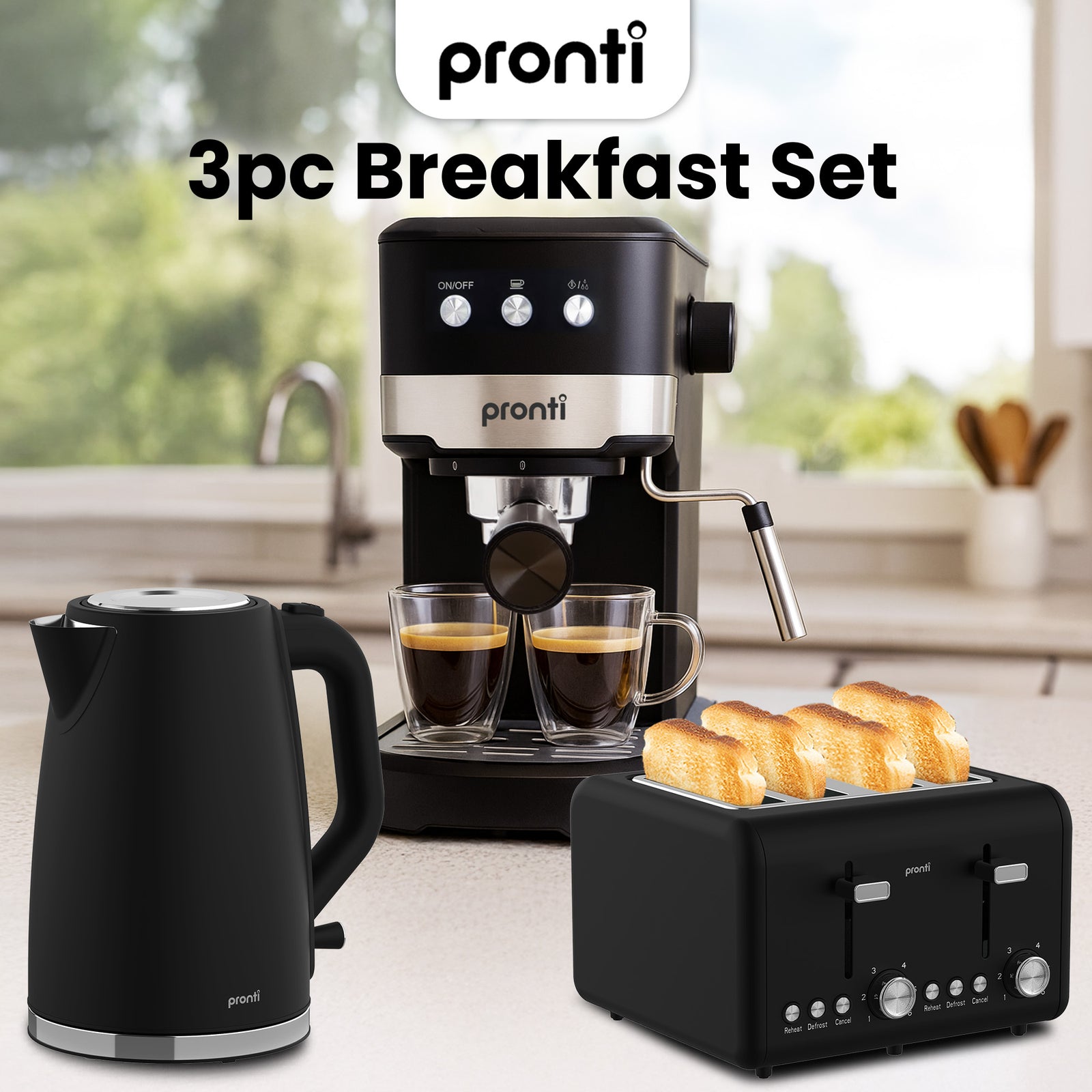 Pronti Breakfast Set with 1.25L Coffee Machine, Silver Noir Toaster & Kettle