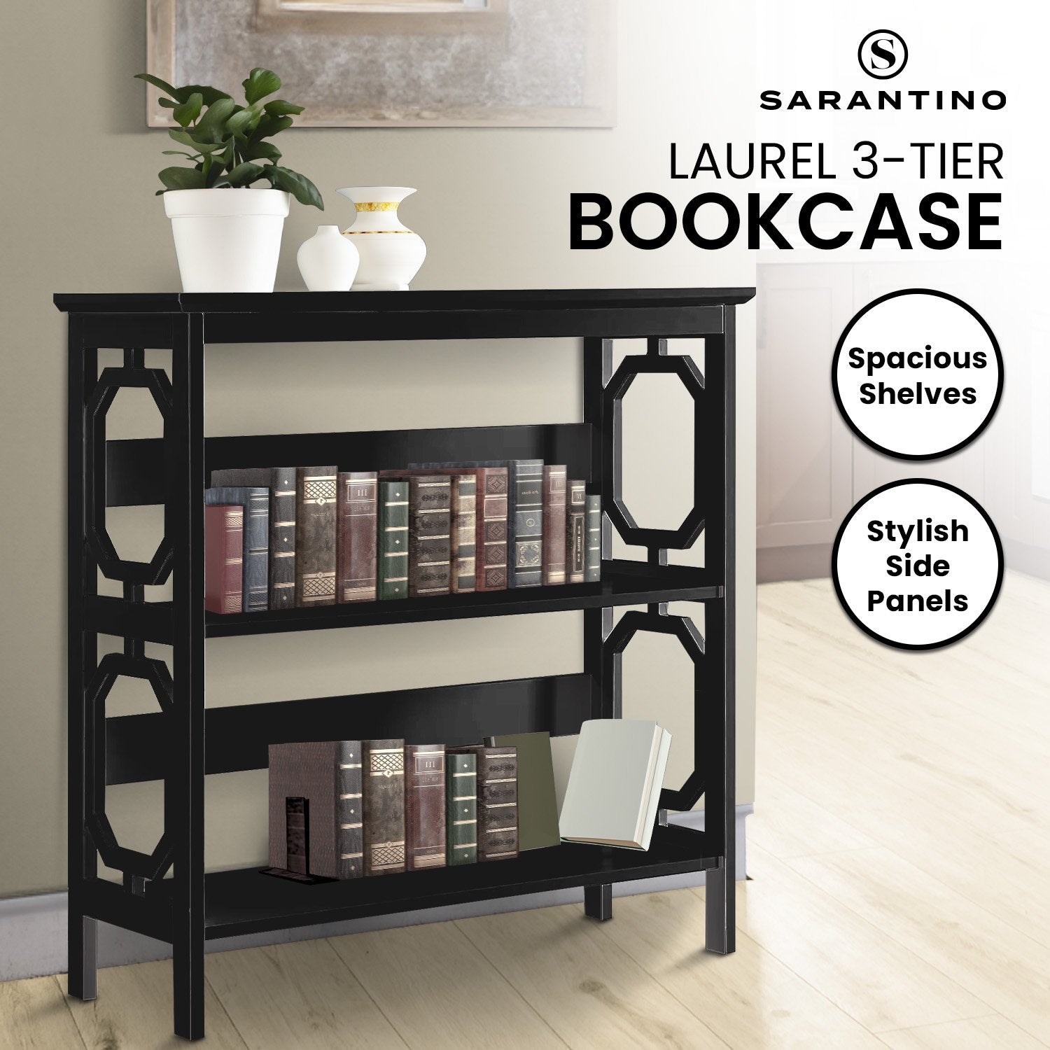 Sarantino Laurel 3-Tier Bookshelf Display Rack in Black