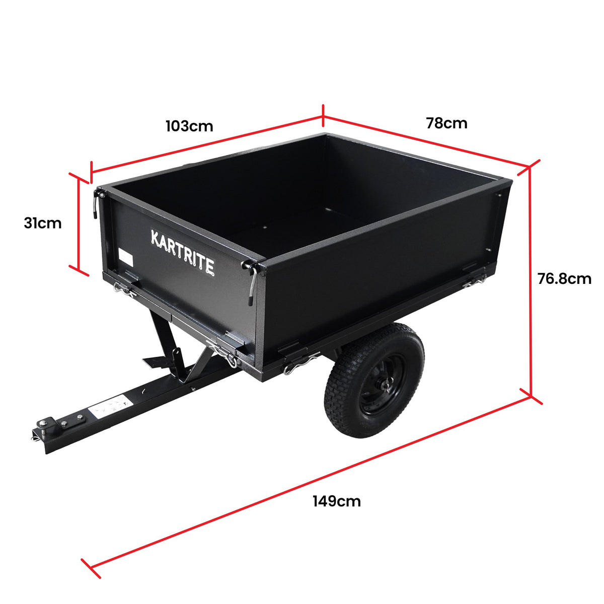 Kartrite Heavy Duty Dump Cart 270kg Capacity Pneumatic Tyres Quick Release Pedal Removable Tailgate Trailer for Garden