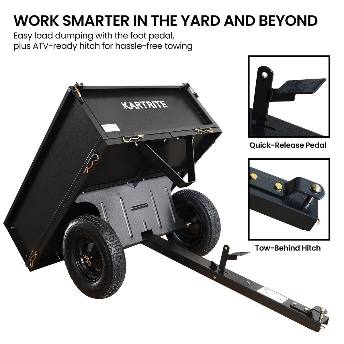 Kartrite Heavy Duty Dump Cart 270kg Capacity Pneumatic Tyres Quick Release Pedal Removable Tailgate Trailer for Garden