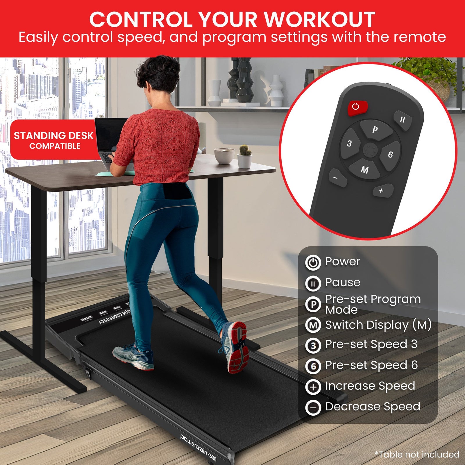 Powertrain K500 Walking Pad Treadmill 2 in 1 Foldable Walking & Running Machine w/2.5HP Motor Dual LED Displays 2 Level