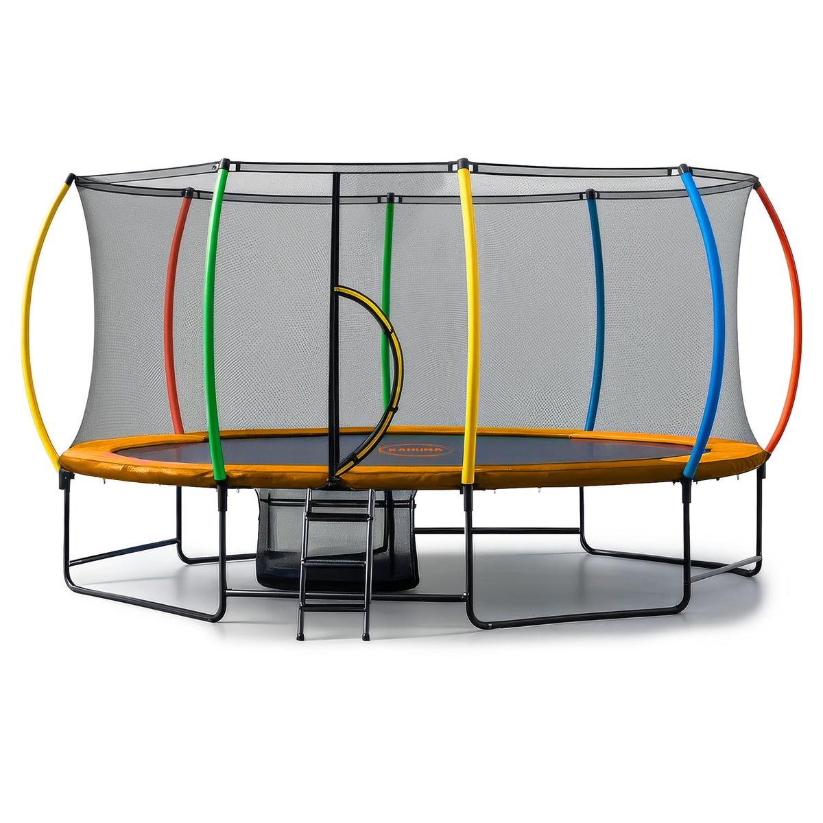 Kahuna 10 ft x 15 ft Oval Outdoor Trampoline with Reversible Rainbow & Orange Safety Pad Safety Net and Ladder
