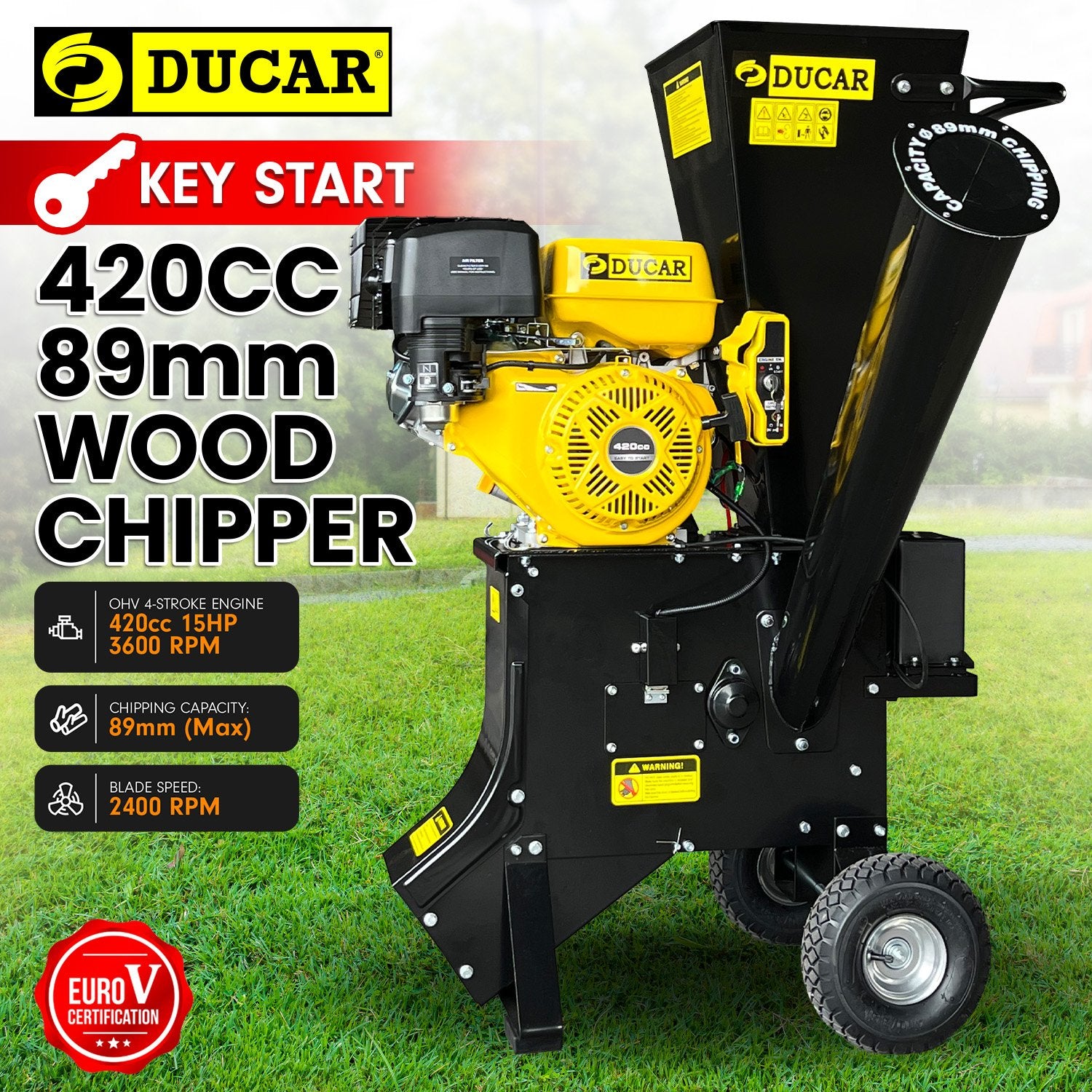 Ducar 89mm Key Electric Start Wood Chipper 420cc 15hp 4-stroke Engine Unleaded Petrol Garden Shredder Mulcher Grinder - 601c Black
