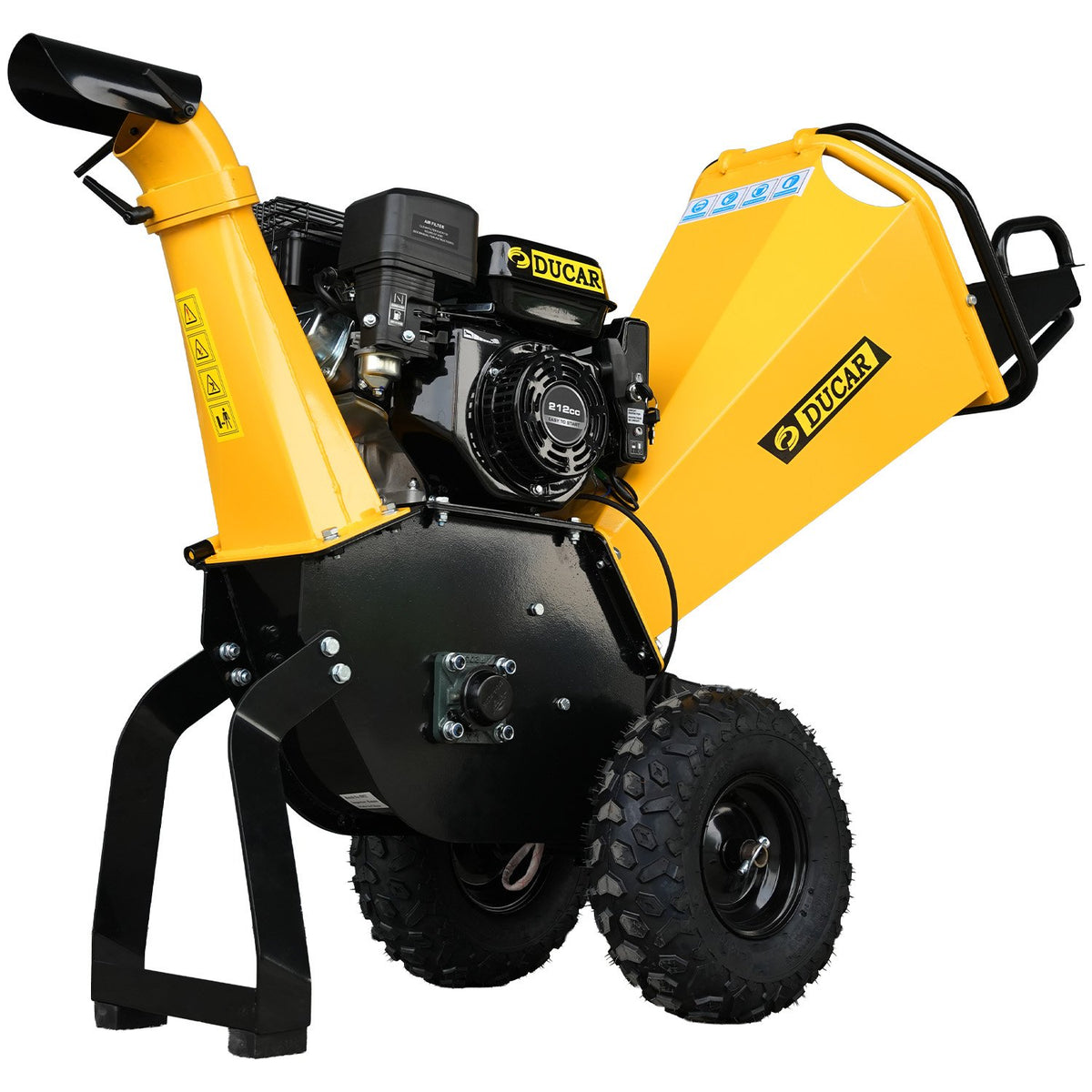 Ducar 70p 3600 Rpm Yellow Black Wood Chipper Shredder Mulcher Grinder Recoil &amp; Electrical Starting System 100mm Capacity Ohv 4-stroke Engine 212cc Unleaded Petrol