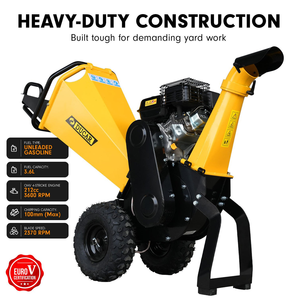Ducar 70p 3600 Rpm Yellow Black Wood Chipper Shredder Mulcher Grinder Recoil & Electrical Starting System 100mm Capacity Ohv 4-stroke Engine 212cc Unleaded Petrol