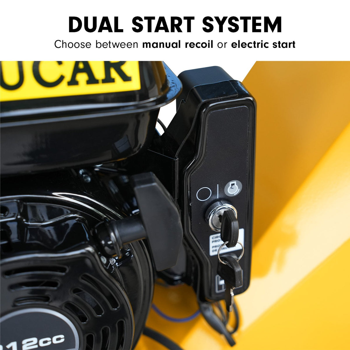 Ducar 70p 3600 Rpm Yellow Black Wood Chipper Shredder Mulcher Grinder Recoil & Electrical Starting System 100mm Capacity Ohv 4-stroke Engine 212cc Unleaded Petrol