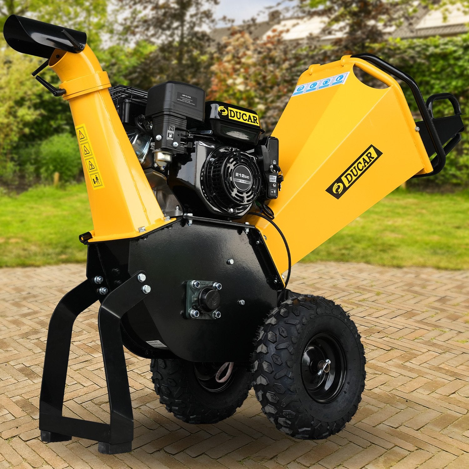 Ducar 70p 3600 Rpm Yellow Black Wood Chipper Shredder Mulcher Grinder Recoil & Electrical Starting System 100mm Capacity Ohv 4-stroke Engine 212cc Unleaded Petrol