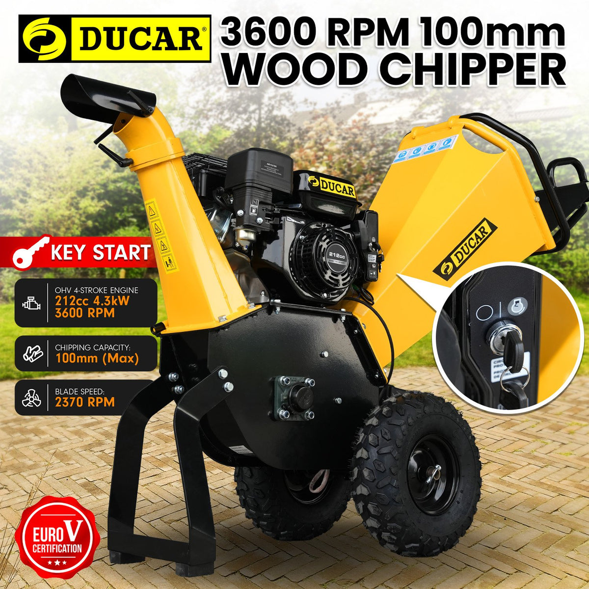 Ducar 70p 3600 Rpm Yellow Black Wood Chipper Shredder Mulcher Grinder Recoil & Electrical Starting System 100mm Capacity Ohv 4-stroke Engine 212cc Unleaded Petrol