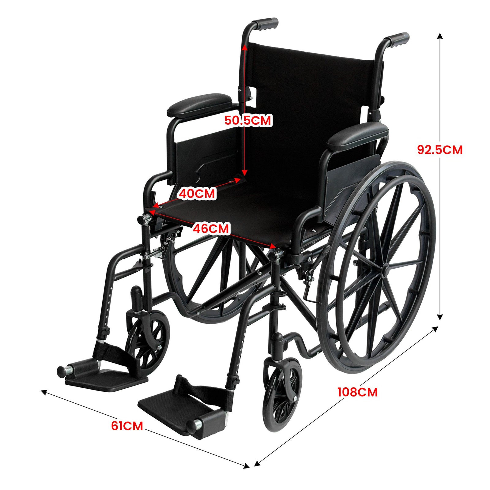 Orthonica New Steel Wheelchair In Black Foldable Lightweight Disability Aid Portable Heavy-duty 24-inch Adjustable Footrest Steel Frame