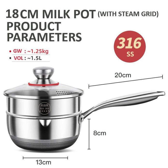 18cm 316L Stainless Steel Saucepan Compound Steel Honeycomb Nonstick Sauce Pan with Glass Lid 1.5L Pot Stay-Cool Handle Multipurpose Milk Saucepan, Induction Capable and Gas Stove