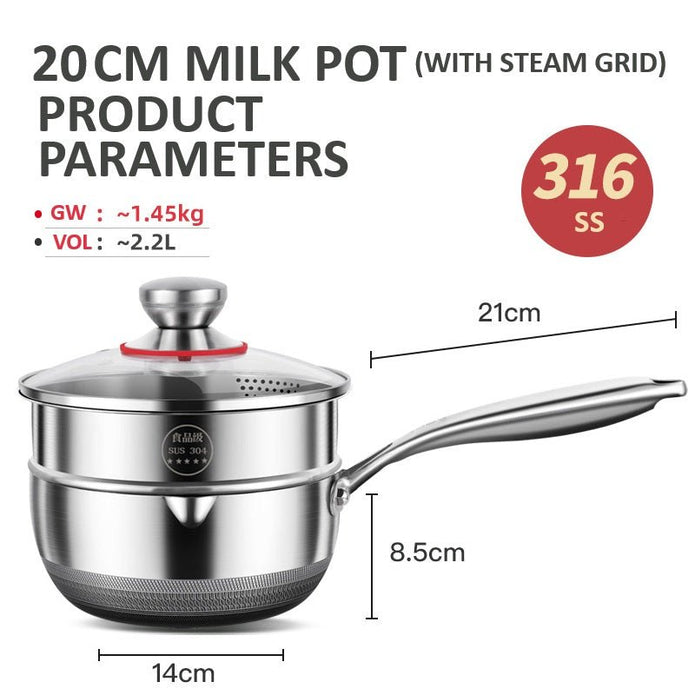 20cm 316L Stainless Steel Saucepan Compound Steel Honeycomb Nonstick Sauce Pan with Glass Lid 2.2L Pot Stay-Cool Handle Multipurpose Milk Saucepan, Induction Capable and Gas Stove