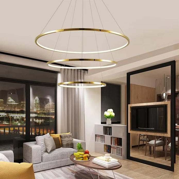 BAMDECOR 18801 Modern LED Chandelier, Dimmable Pendant Light with Remote Control Rings Round Ceiling Lighting Fixture 3 Color Temperatures Contemporary Chandeliers (3 Rings-Gold)