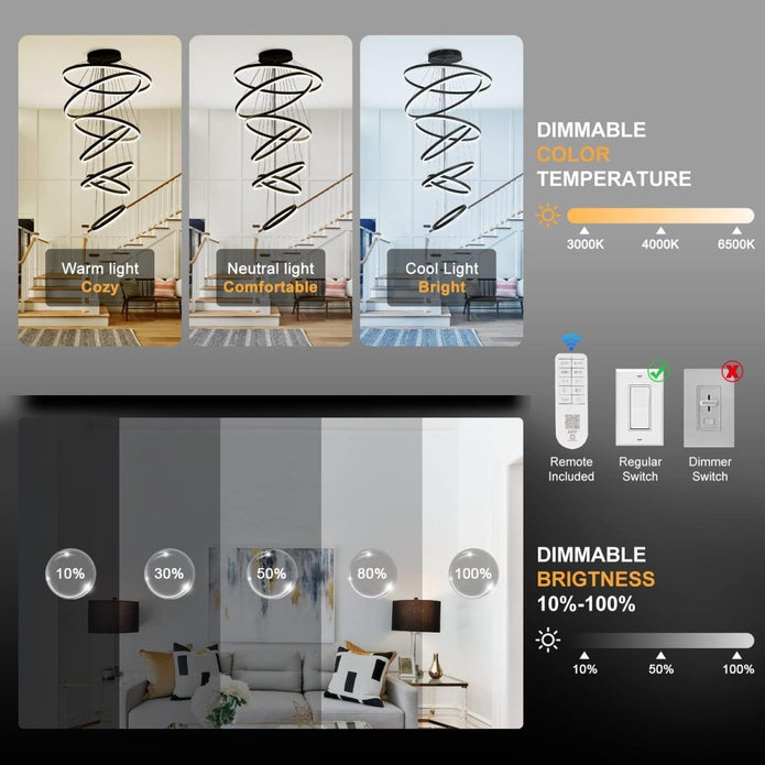 BAMDECOR A18815 Nordic Home Decor Dining Room Pendant lamp lights Ceiling Lamp Hanging Light Chandelier Lamps (7 Rings-Black)