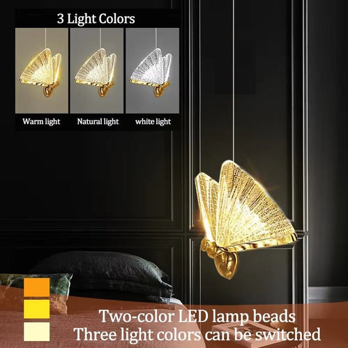 BAMDECOR LED Modern Bedroom Bedside Creative Butterfly Hanging Chandelier Light Fixtures for Stairs Nordic Decoration (12Heads)