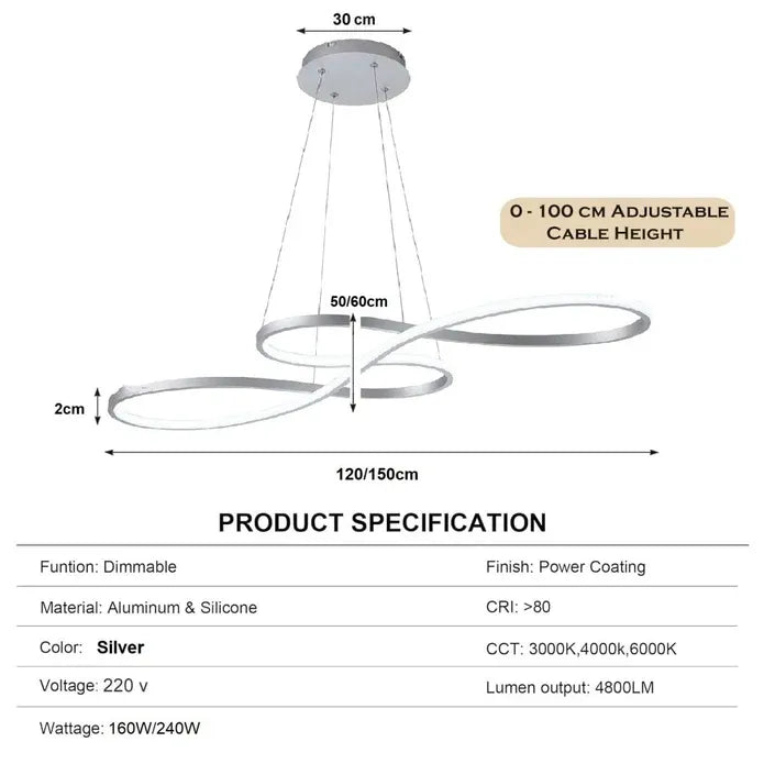 BAMDECOR A022 Modern Designer Infinity LED Chandelier Island Ceiling Pendant Light (120/150cm-Silver)