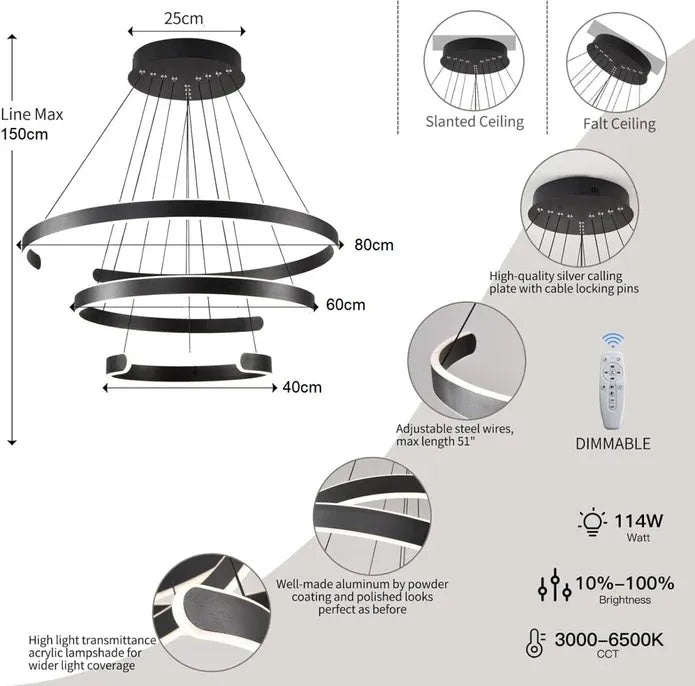BAMDECOR AD2573 3 Round Rings C Shape Ceiling Light Chandeliers (Matte Black)