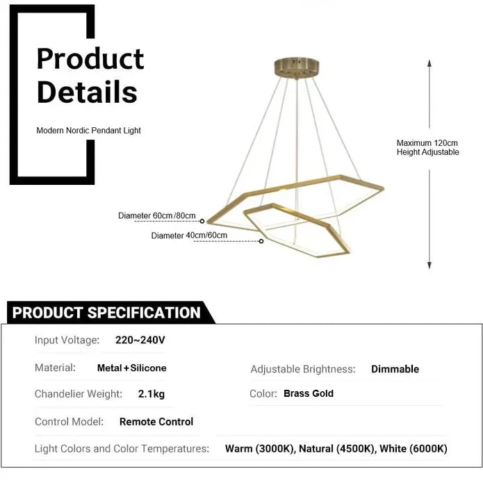 BAMDECOR AD2582/2 Modern LED Chandelier, Hexagonal Rings Ceiling Lighting Contemporary Chandeliers (2 Rings-Brass Gold)
