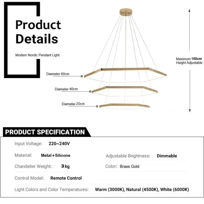 BAMDECOR AD2582/3 Modern LED Chandelier, Hexagonal Rings Ceiling Lighting Contemporary Chandeliers (3 Rings-Gold)