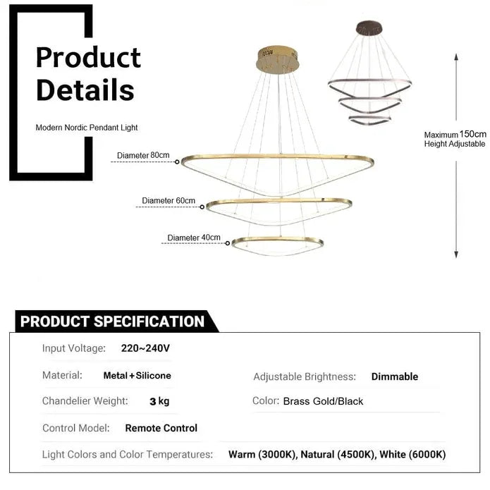 BAMDECOR AD2583 Modern Triangular LED Chandelier (Three Rings-Gold