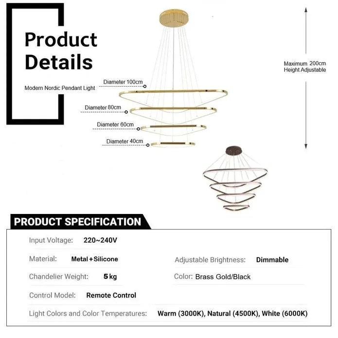 BAMDECOR AD2583 Modern Triangular LED Chandelier (Four Rings-Gold