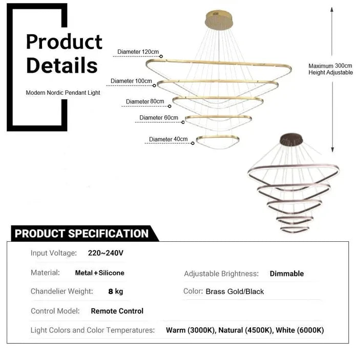 BAMDECOR AD2583 Modern Triangular LED Chandelier (Five Rings-Gold
