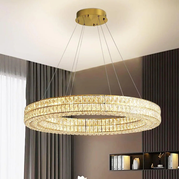 BAMDECOR C3332/1  Round Luxury Crystal Chandelier Modern LED Crystal Chandelier LED Ring Pendant Light Stainless Steel Ceiling Lamp Hanging Lights,for Dining Living Room (Gold)