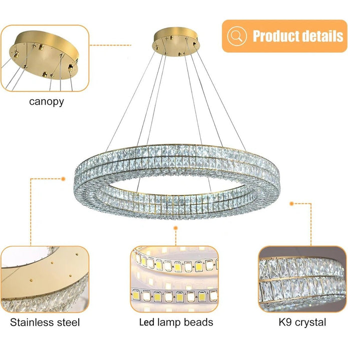 BAMDECOR C3332/1  Round Luxury Crystal Chandelier Modern LED Crystal Chandelier LED Ring Pendant Light Stainless Steel Ceiling Lamp Hanging Lights,for Dining Living Room (Gold)