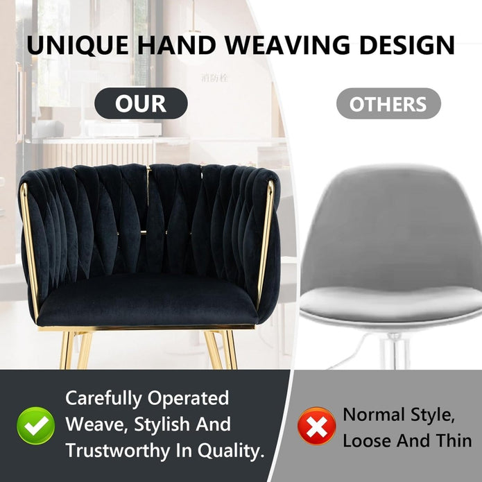 SERENITà Black Modern Hand Weaving Dining Chairs,Velvet Upholstered Side Chairs with Gold Legs, Chic Vanity Chairs with Armrest, Accent Chair for Dining Room, and Cafe Set of 2