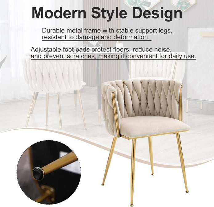 SERENITà Ivory Modern Hand Weaving Dining Chairs,Velvet Upholstered Side Chairs with Gold Legs, Chic Vanity Chairs with Armrest, Accent Chair for Dining Room, and Cafe Set of 2