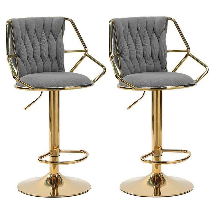 2x Height Velvet Padded Golden Round Base Barstools Chairs with Backrest and Footrest -GREY