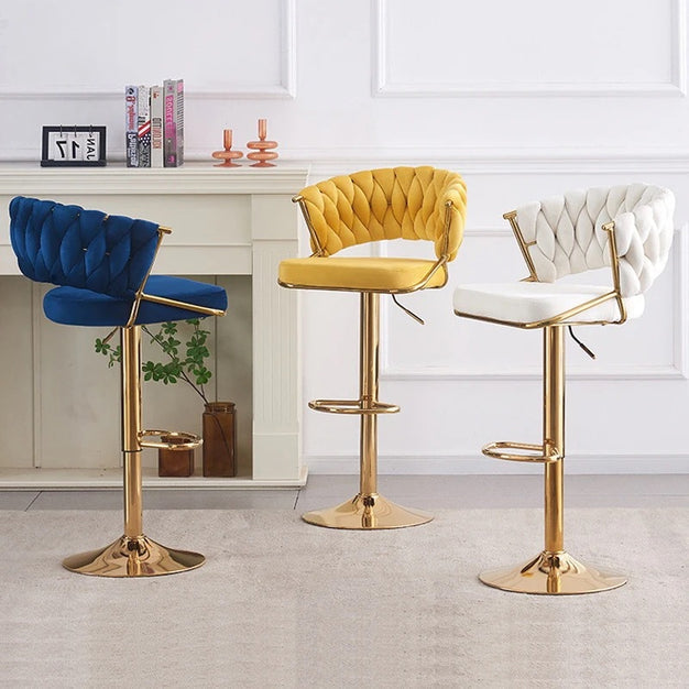 2x Height Grey Velvet Padded Golden Round Base Barstools Chairs