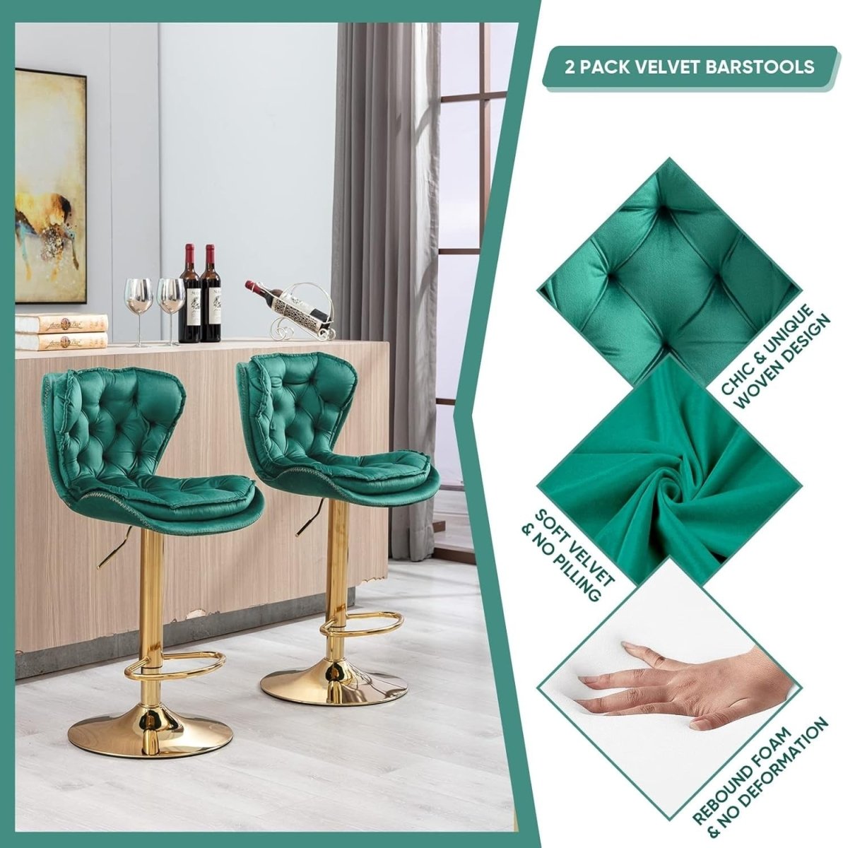 SERENITà Swivel Bar Stools Set of 2 Counter Height Barstools with Back Velvet Upholstered Adjustable Stool Chair Min Century Modern Bar Stool for Kitchen Island (Emerald Green)