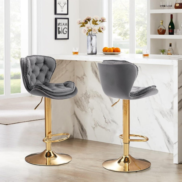 SERENITà Swivel Bar Stools Set of 2 Counter Height Barstools with Back Velvet Upholstered Adjustable Stool Chair Min Century Modern Bar Stool for Kitchen Island (Grey)
