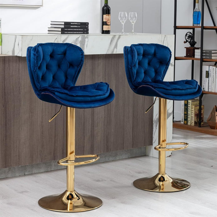 SERENITà Swivel Bar Stools Set of 2 Counter Height Barstools with Back Velvet Upholstered Adjustable Stool Chair Mid Century Modern Bar Stool for Kitchen Island (Navy Blue)