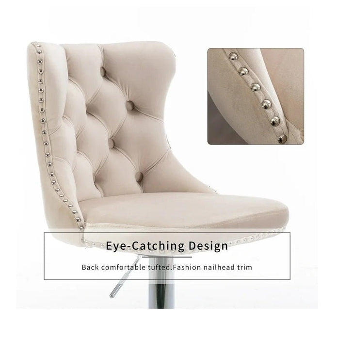 SERENITà Ivory Velvet Bar Stools Adjustable Swivel Counter Height Chairs with Tufted Back and Nailhead Trim for Kitchen Island Pub Restaurant (2Pcs, Chrome Metal)