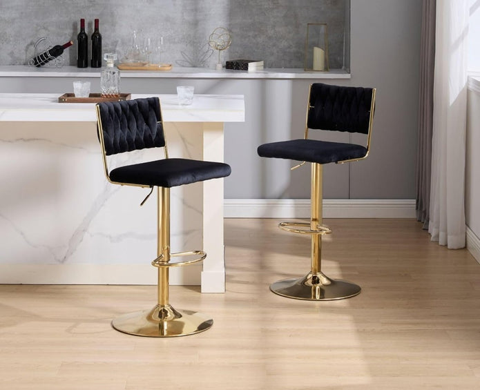 SERENITà  2x Velvet Bar Stools with Braided Back Elegant Kitchen High Chairs, Kitchen Island Stools Adjustable Height Swivel Bar Chairs with Gold Legs for Home-Black