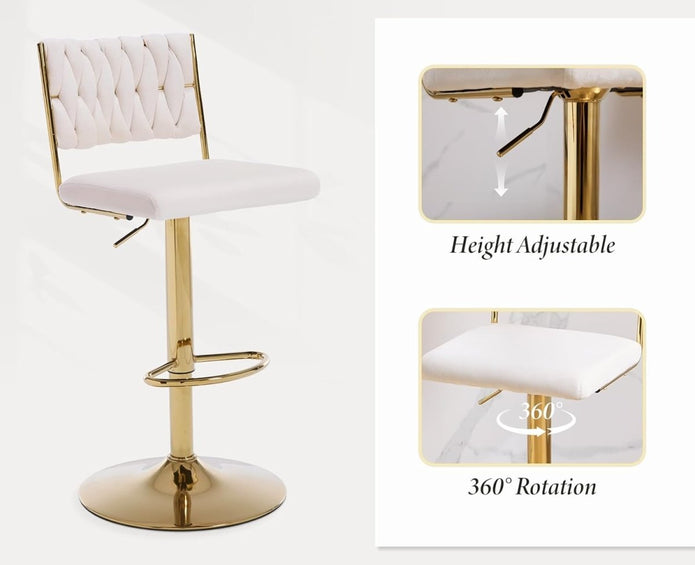 SERENITà  2x Velvet Bar Stools with Braided Back Elegant Kitchen High Chairs, Kitchen Island Stools Adjustable Height Swivel Bar Chairs with Gold Legs for Home-White