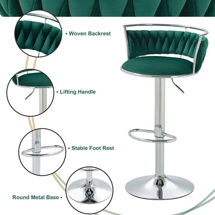 SERENITà Silver Swivel Upholstered Velvet Adjustable Height Counter Stool with Metal Frame Emerald Green (Set of 2)