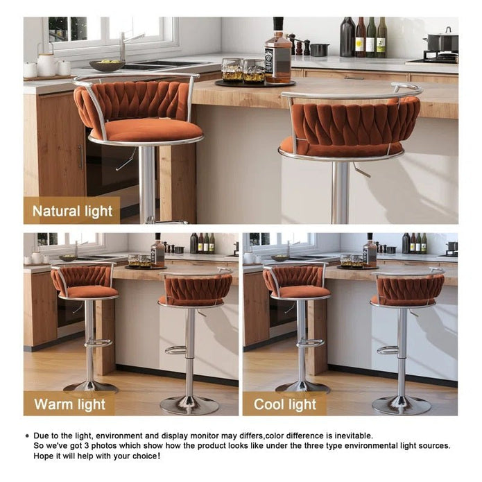 SERENITà Silver Swivel Upholstered Velvet Adjustable Height Counter Stool with Metal Frame Orange (Set of 2)